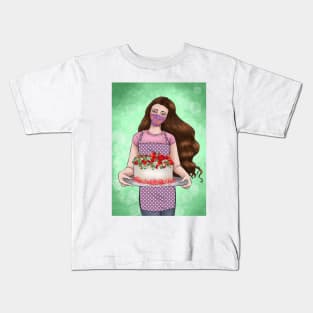 Girl with floral facemask with Christmas cake Kids T-Shirt